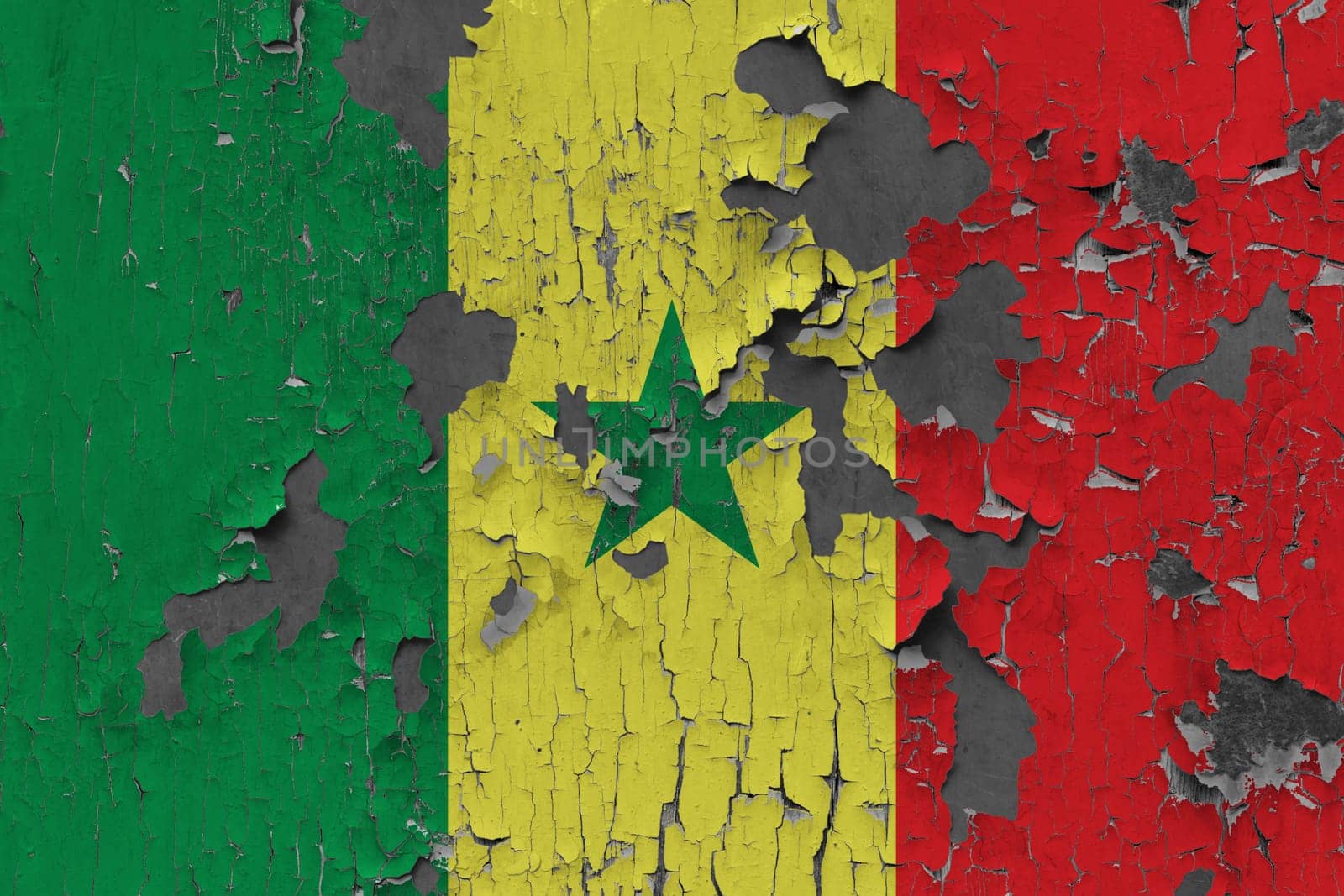 3D Flag of Senegal on an old stone wall background.