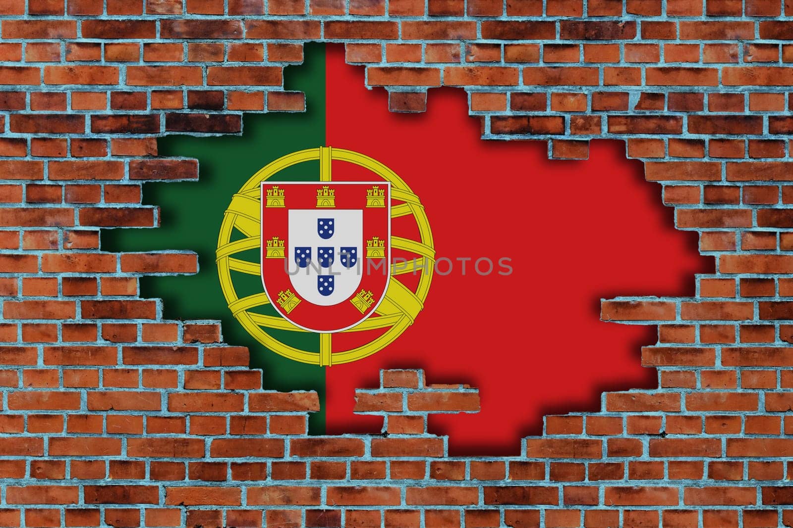 3D Flag of Portugal behind the broken old stone wall background.