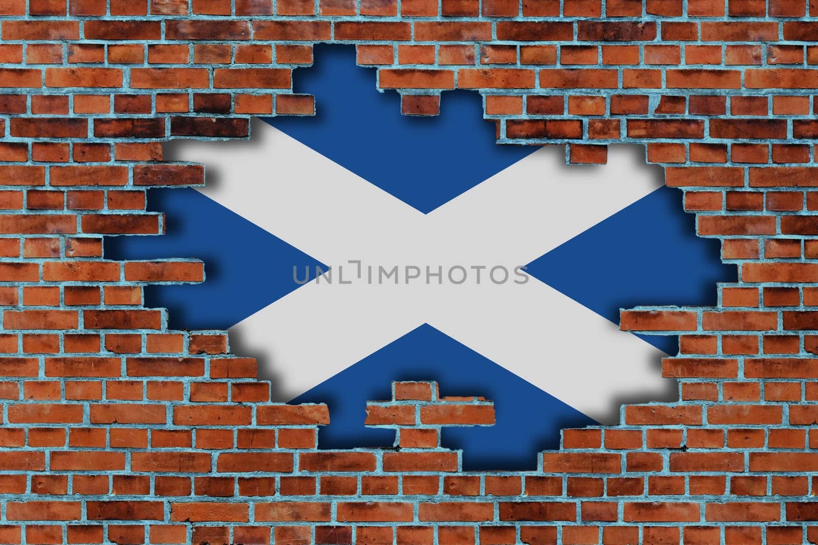 3D Flag of Scotland behind the broken old stone wall background.