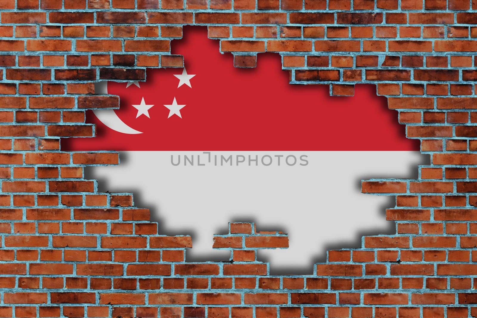 3D Flag of Singapore behind the broken old stone wall background.