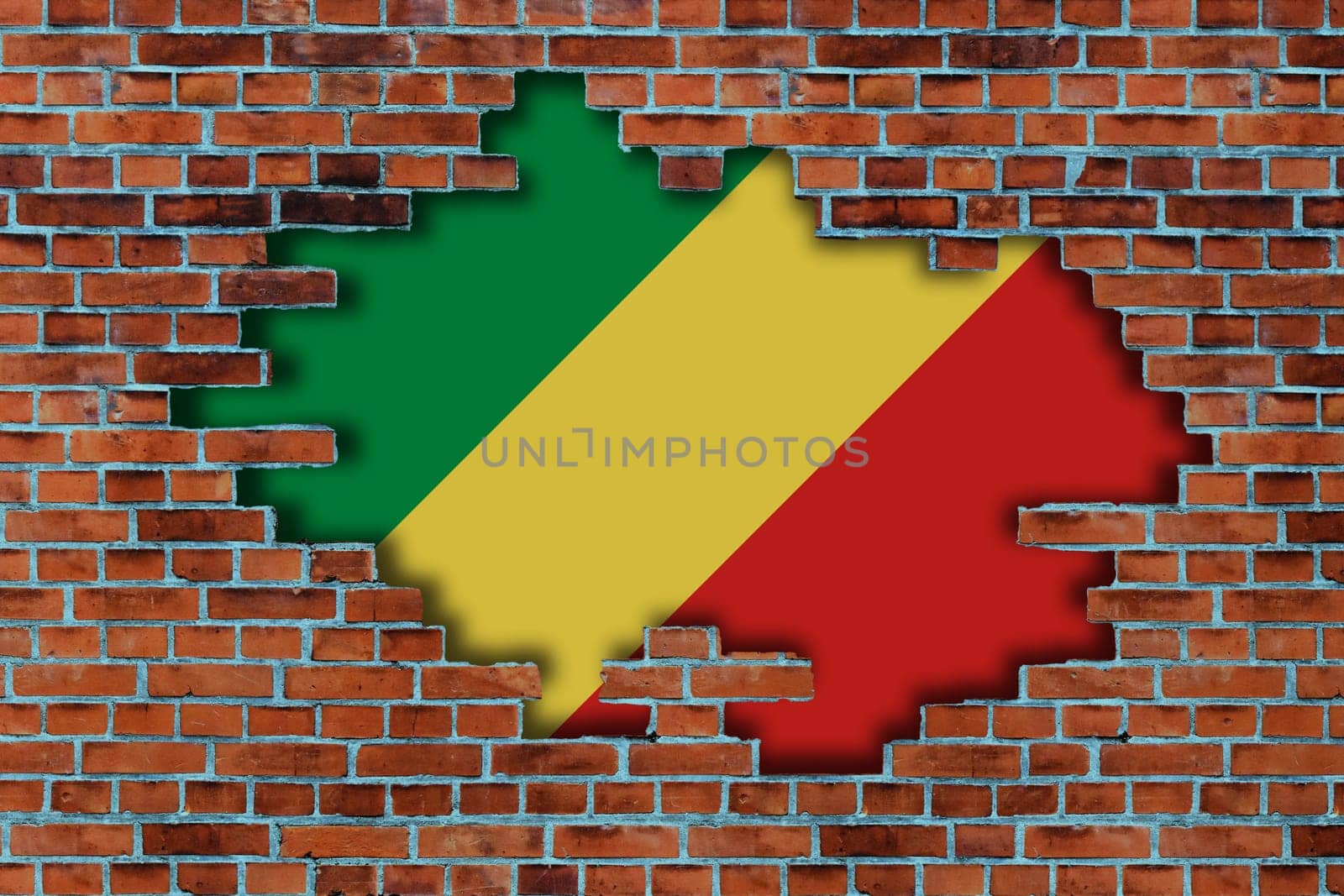 3D Flag of Republic of the Congo behind the broken old stone wall background.