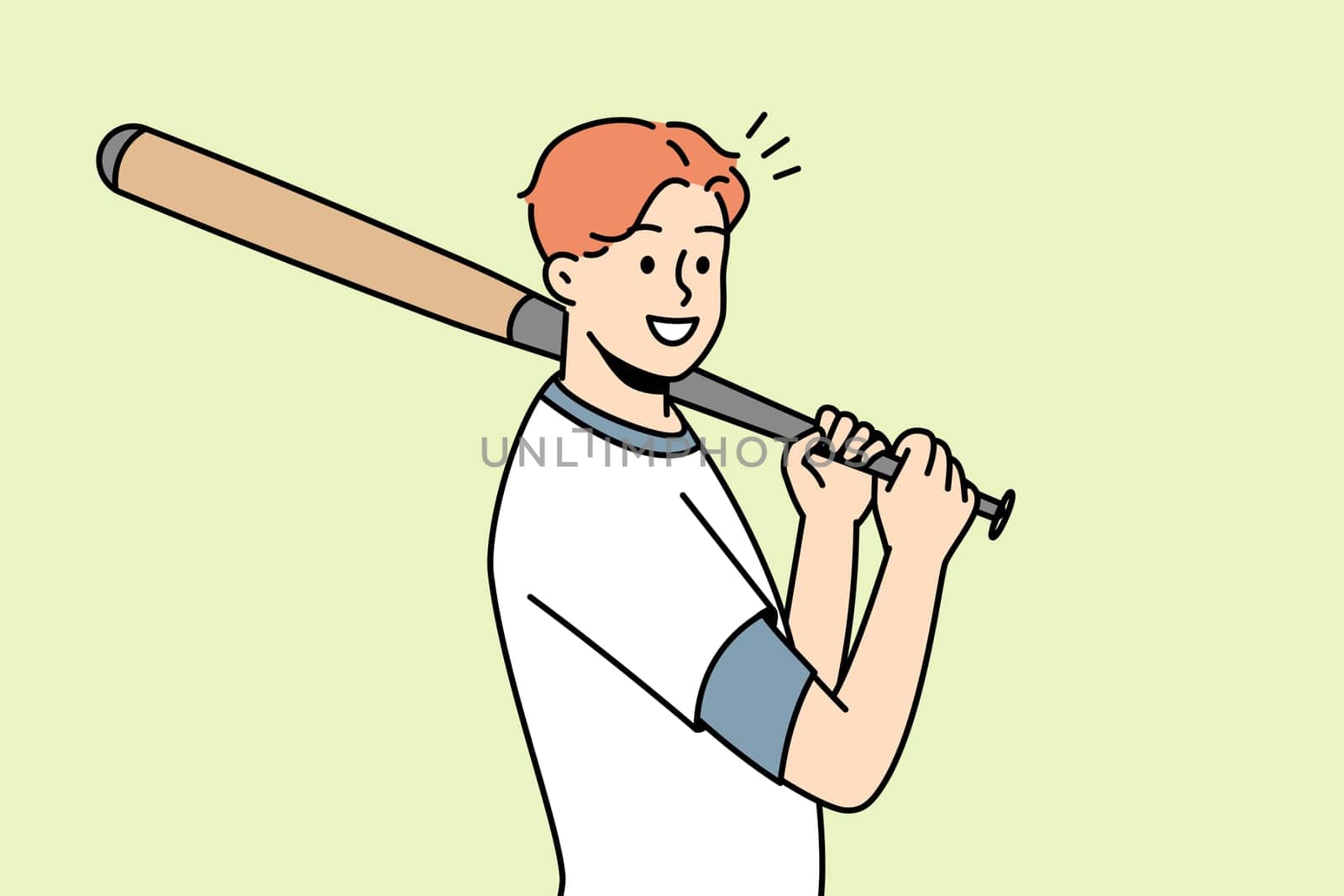 Smiling young male sportsman with baseball bat playing game on field. Happy athlete in uniform. Vector illustration.