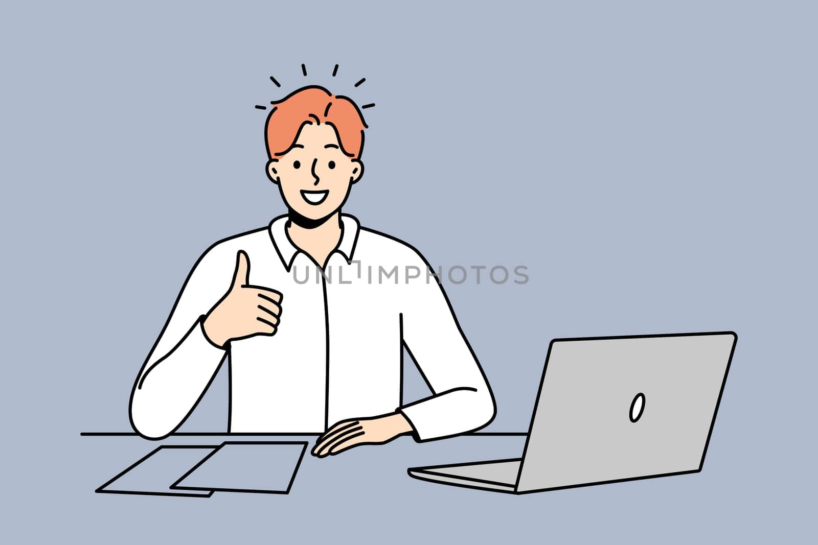 Smiling man at office desk show thumb up