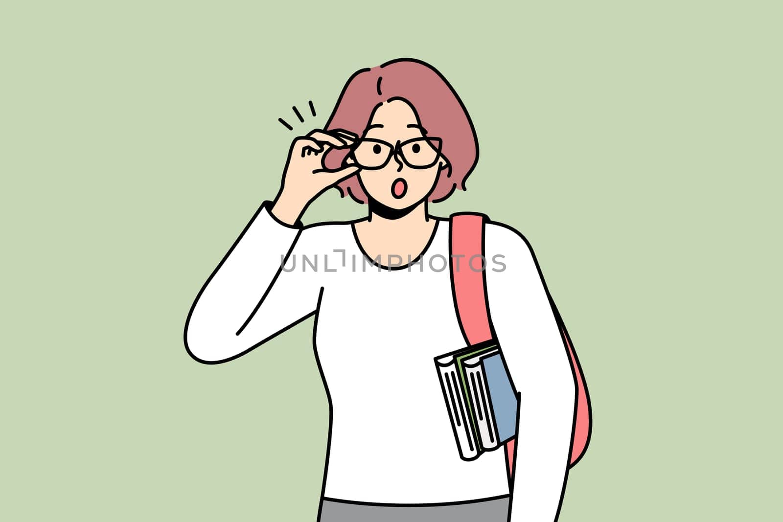 Woman wondering about something, touching her glasses. Lady with shoulder bag, books is surprised to see unusual thing. Teacher, lecturer shocked. Vector contour line coloured illustration.