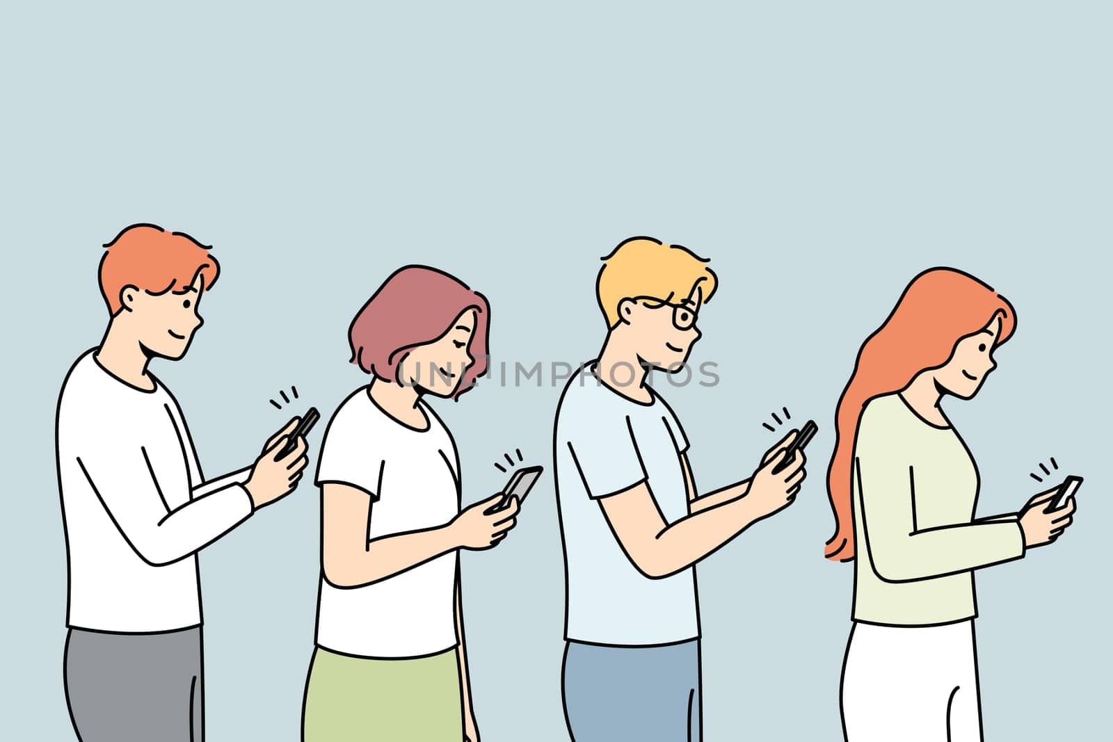 Young people in line with smartphones in hands addicted to gadgets. Men and women with addiction to cellphones. Technology and modern world. Vector illustration.