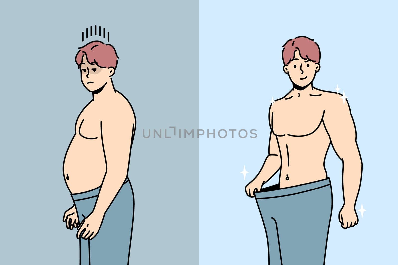 Man lost weight. Demonstration of result of how guy slim down after dieting, exercising in gym. Boy shows his athletic figure, trousers that are too big for him. Sport motivation. Vector illustration.