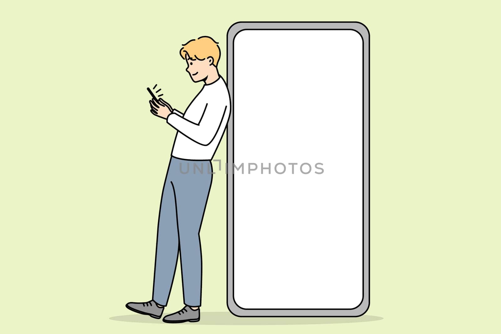 Young man standing near huge smartphone with mockup screen. Guy pose near cellphone with empty blank copy space display. Vector illustration.