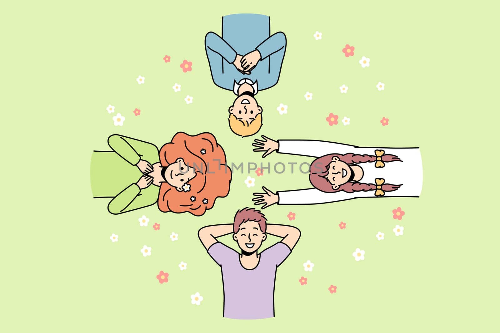 Guys, girls lie on grass among flowers in different directions, look at sky, laugh. Friends spend time at lawn. Top view. Hello spring, summer concept. Vector colorful outline illustration.