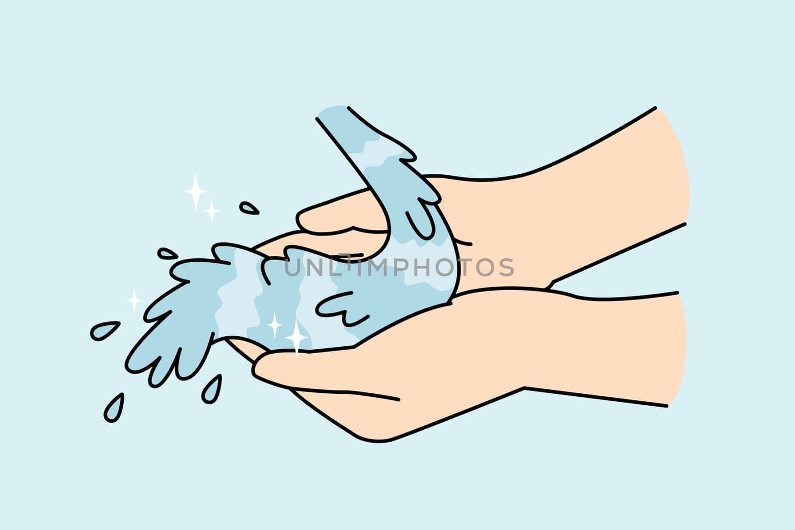 Close-up of person hands with clean water. Man or woman palms washing under clear tap or stream water. Vector illustration. . Vector illustration