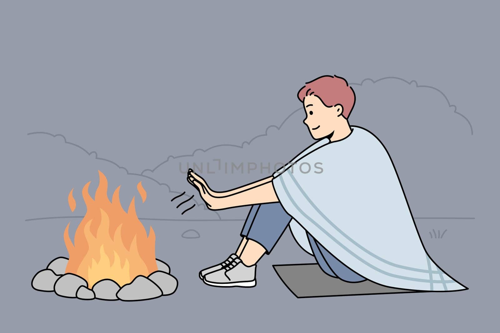 Young man sit on ground in nature warm hands at campfire at night. Smiling male relax on hiking trip in forest near fire. Vector illustration.