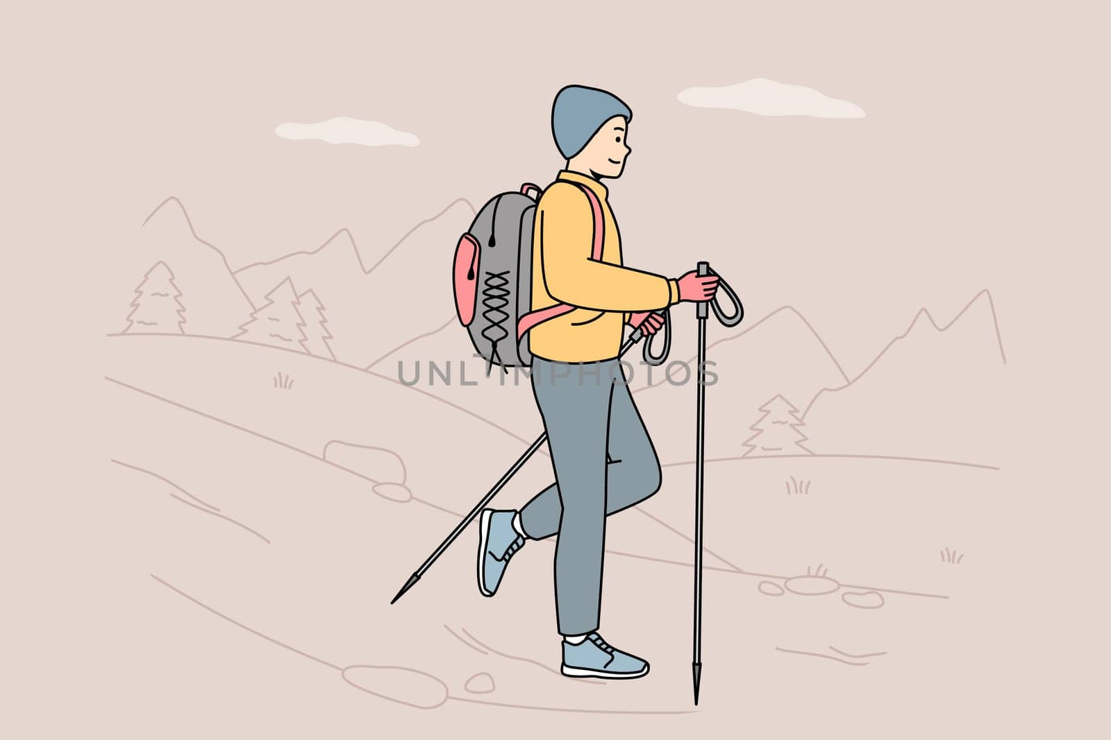 Guy with backpack, poles for Nordic walking going at nature. Man engaged in camping, tourism, travelling. Backpacking trip. Healthy, active lifestyle. Vector contour line colorful illustration.