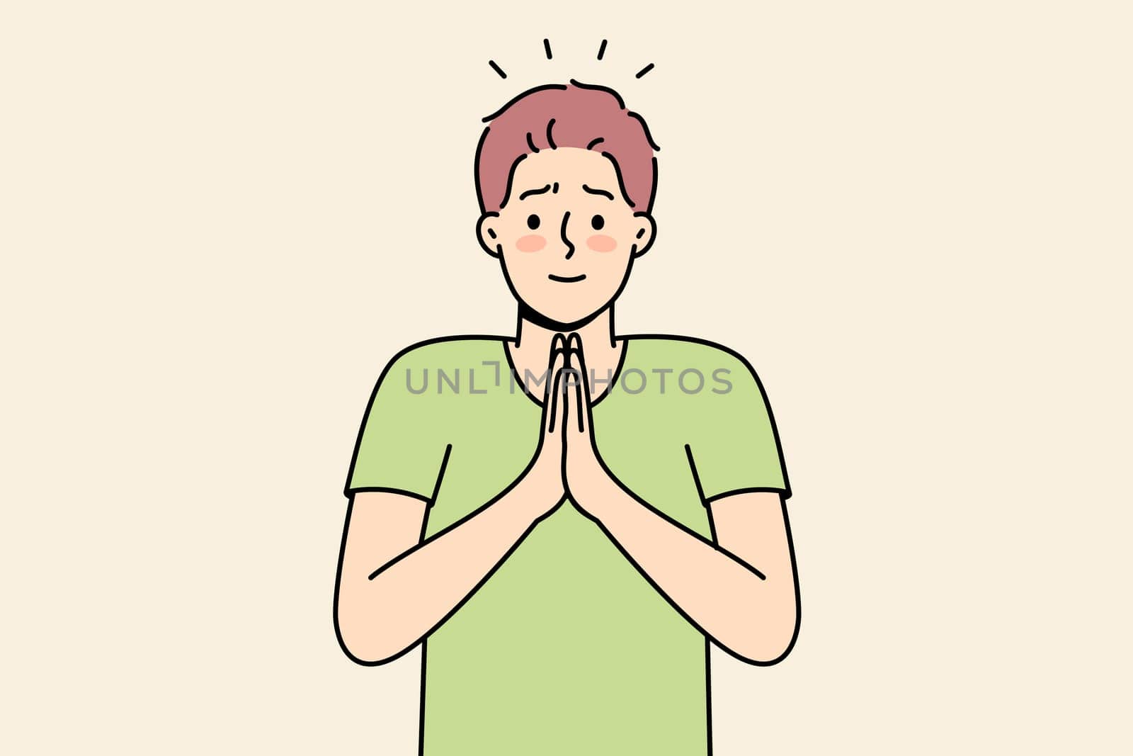 Smiling young man with hands in prayer ask for forgiveness. Male join hands feel grateful or thankful. Gratitude concept. Vector illustration.