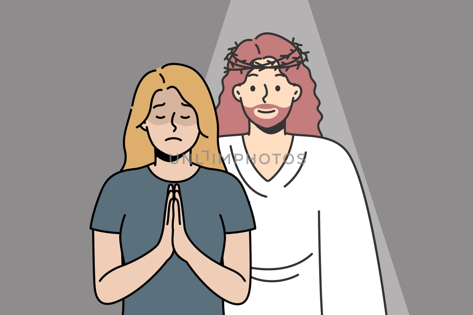 Christian woman prays to God with her palms together in prayer. Jesus Christ appeared to blonde girl in response to her request. Angel appeared in crisis moment, despair to give comfort, hope, love.