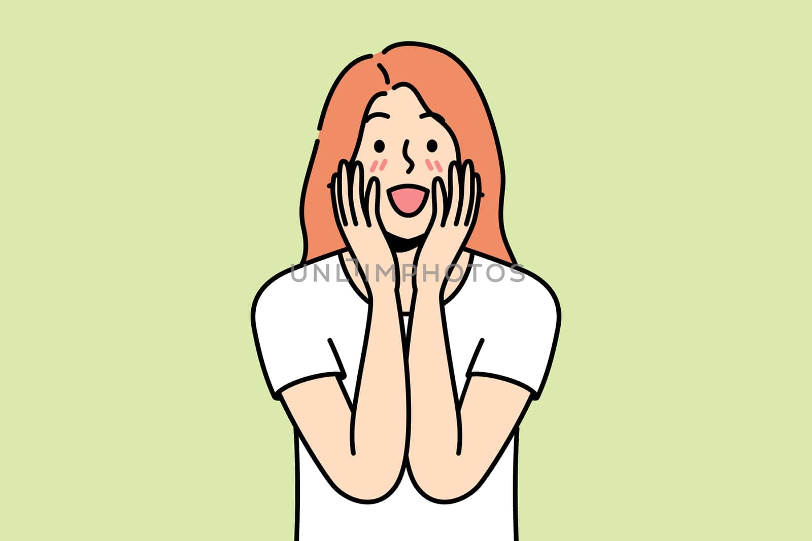 Happy young woman feel excited with good unbelievable news. Smiling girl surprised with unexpected message or notification. Vector illustration.