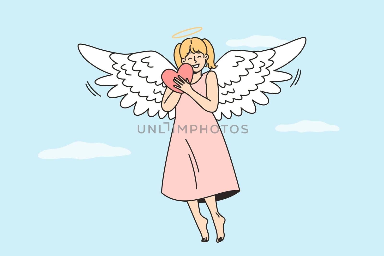 Girl soars in sky hugging heart, smiling. Joyful angel with wings, halo flies in heaven, gives people hope, love, consolation, peace, healing, care. Charity, benefaction, volunteering vector concept.
