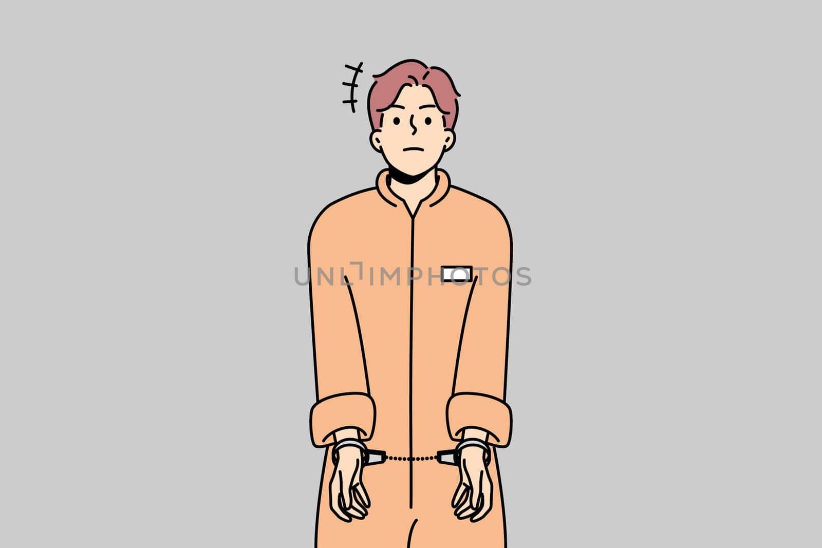 Male prisoner in robe wearing handcuffs. Unhappy man convict in uniform imprisoned. Imprisonment and jail concept. Vector illustration.