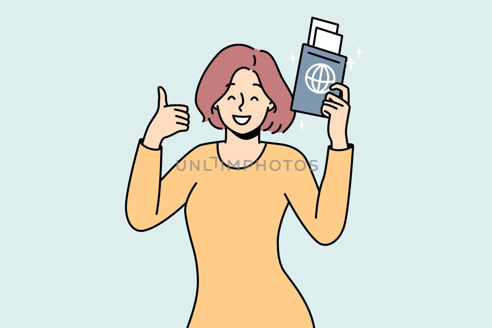 Smiling woman holding passport in hands excited about travel. Happy female traveler ready for summer vacation. Tourism concept. Vector illustration.