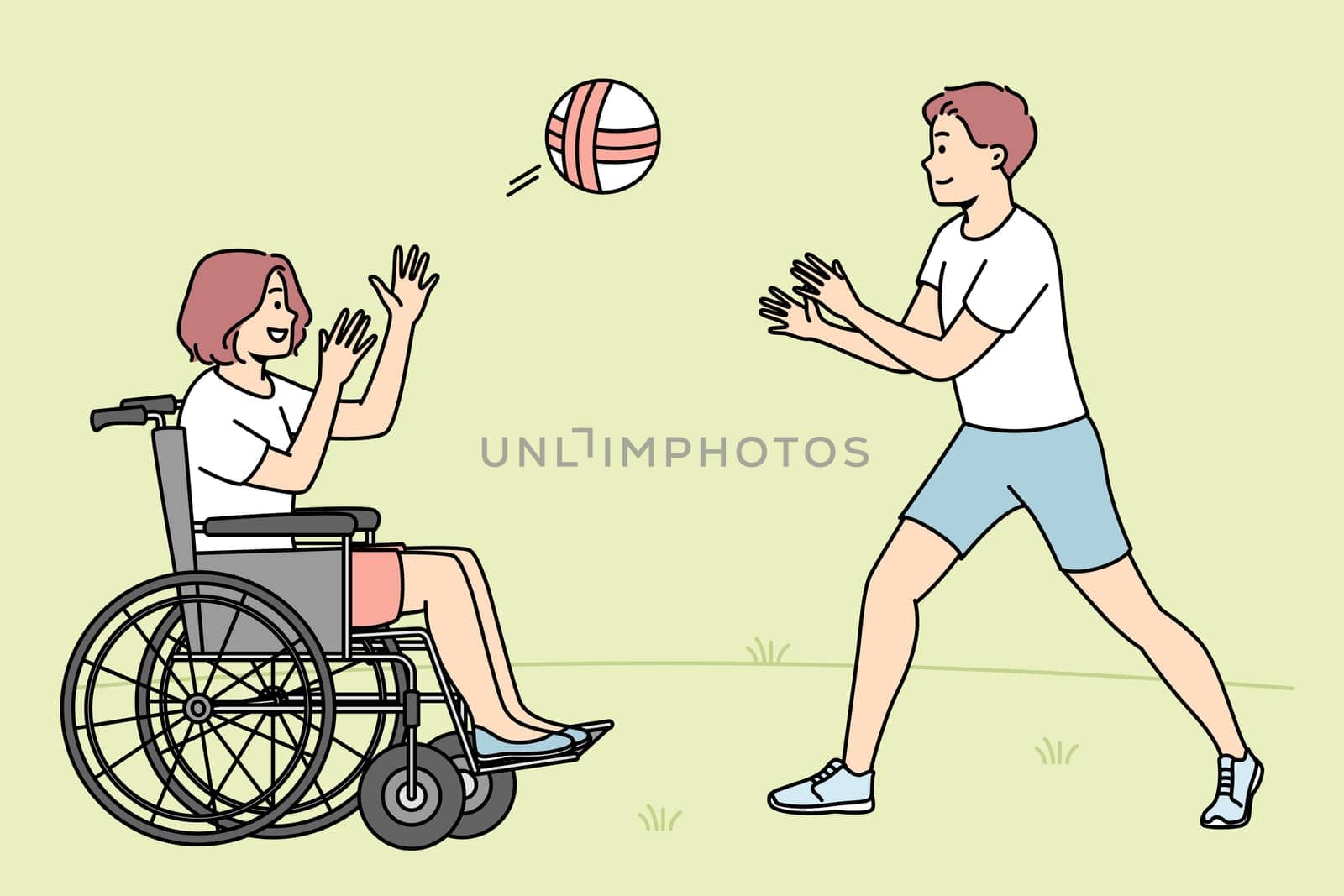 Happy boy playing ball with handicapped girl sitting in wheel chair. Smiling children have fun outdoors. Disability and impairment. Vector illustration.