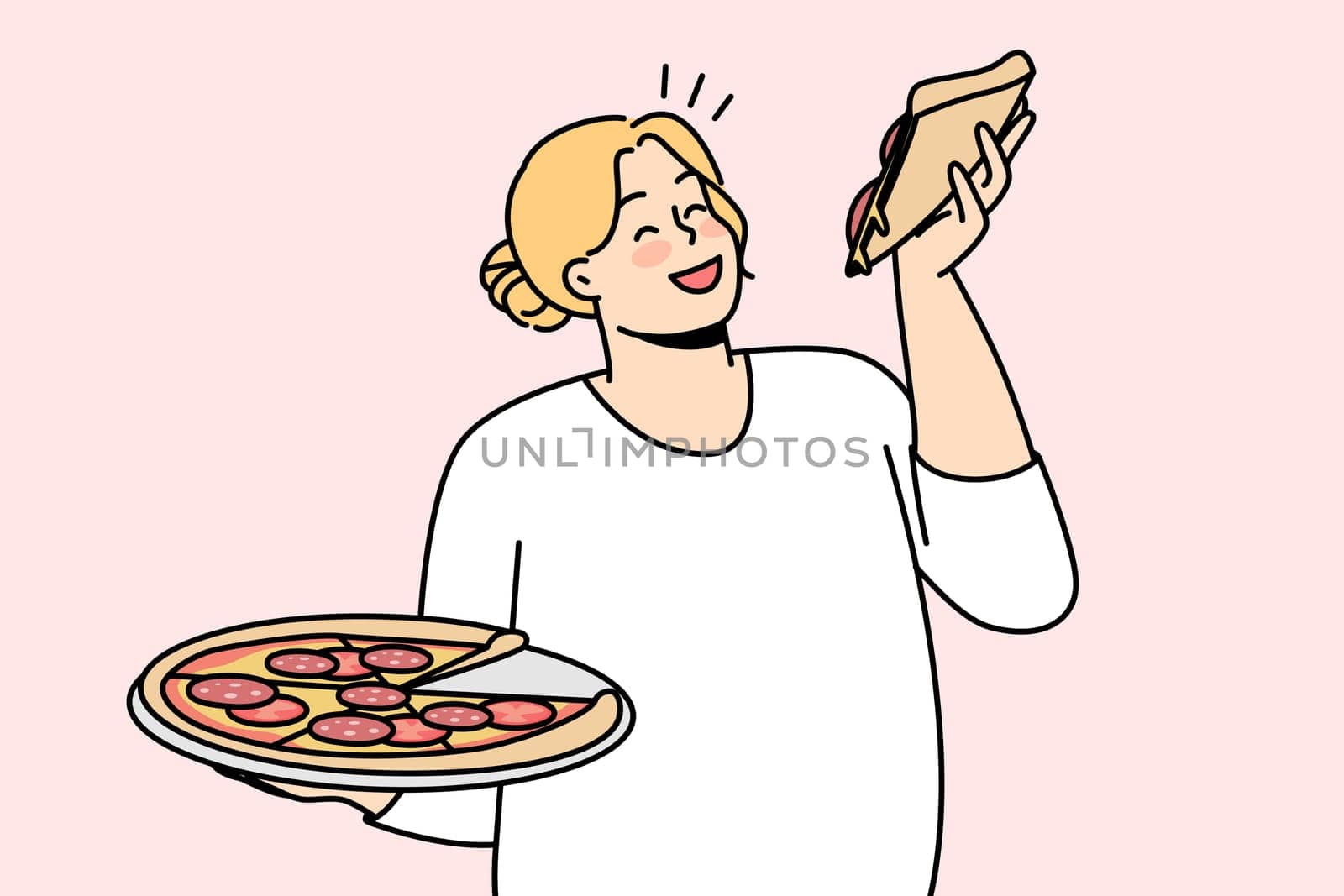 Happy overweight woman with pizza in hands enjoy fast food. Smiling fat female eating Italian food. Body positive. Vector illustration.