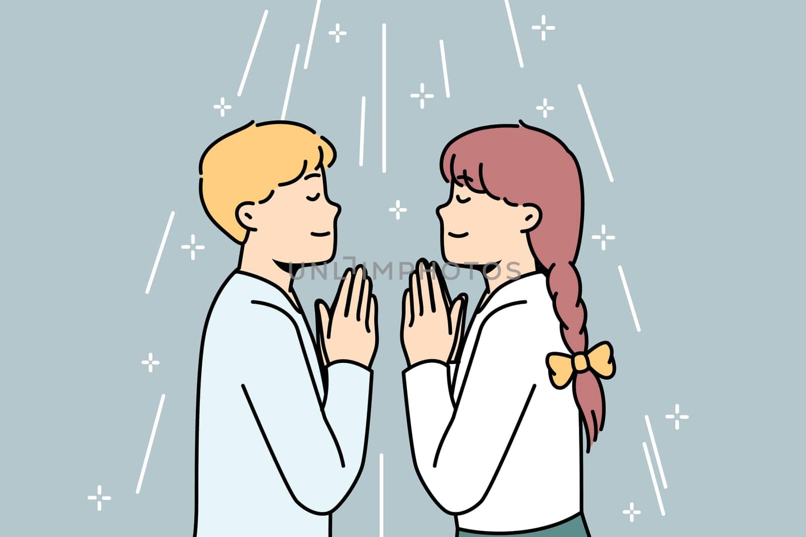 Boy, girl pray facing each other in church or at home. Children talk to God with prayers with palms together. Orthodox, catholic or protestant religion, faith, spirituality. Vector linear concept.