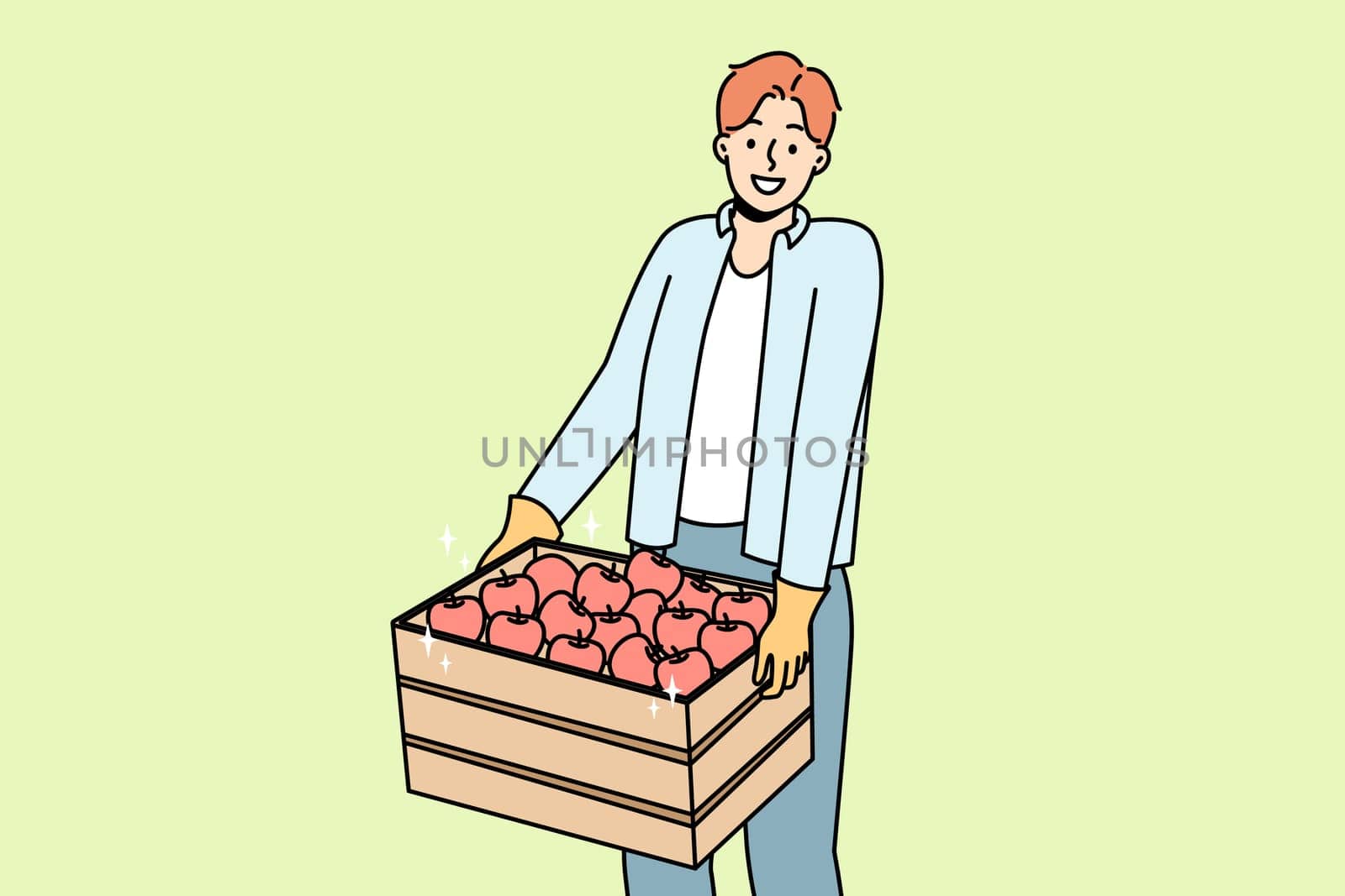 Smiling man with wooden box of apples. Happy guy farmer carry package with fruits. Farming and gardening. Vector illustration.