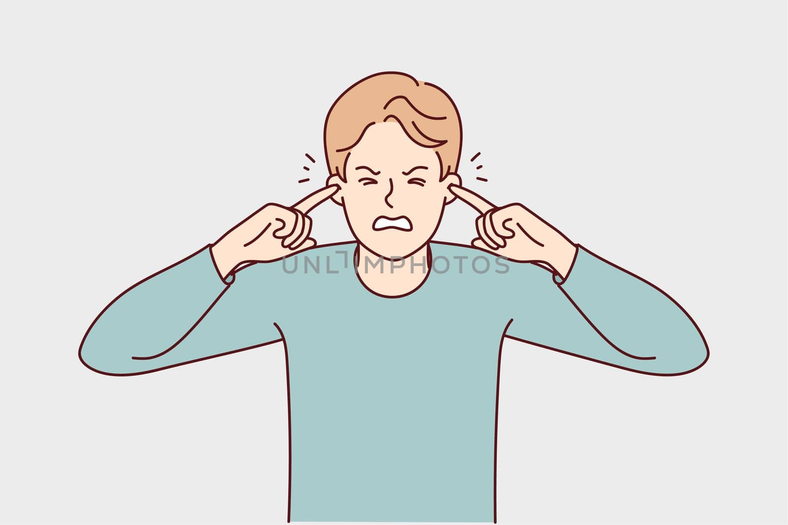 Unhappy young man cover ears suffer from unbearable noise. Upset stressed guy close ears feel bother and annoyed with sound. Vector illustration.