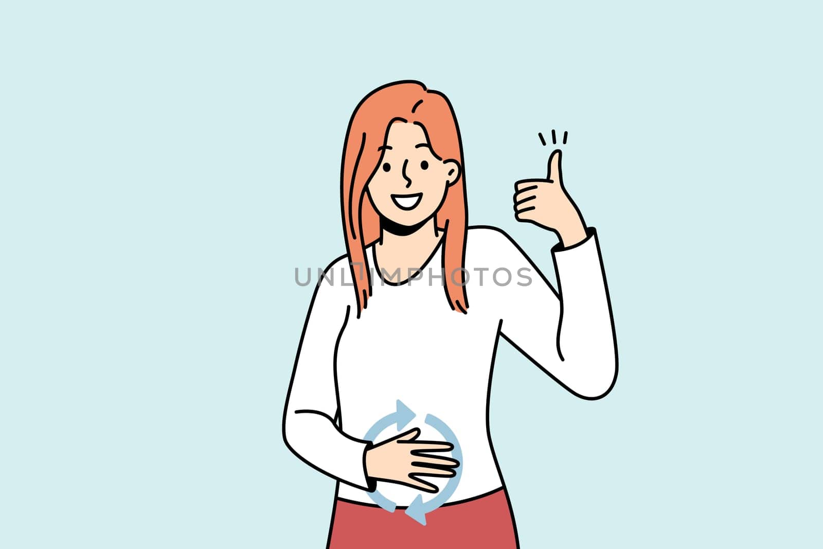 Happy girl feeling good herself after eating. Young lady has healthy digestion, holds hand on her stomach, shows like gesture. Female student has well nutrition. Vector outline illustration in color.