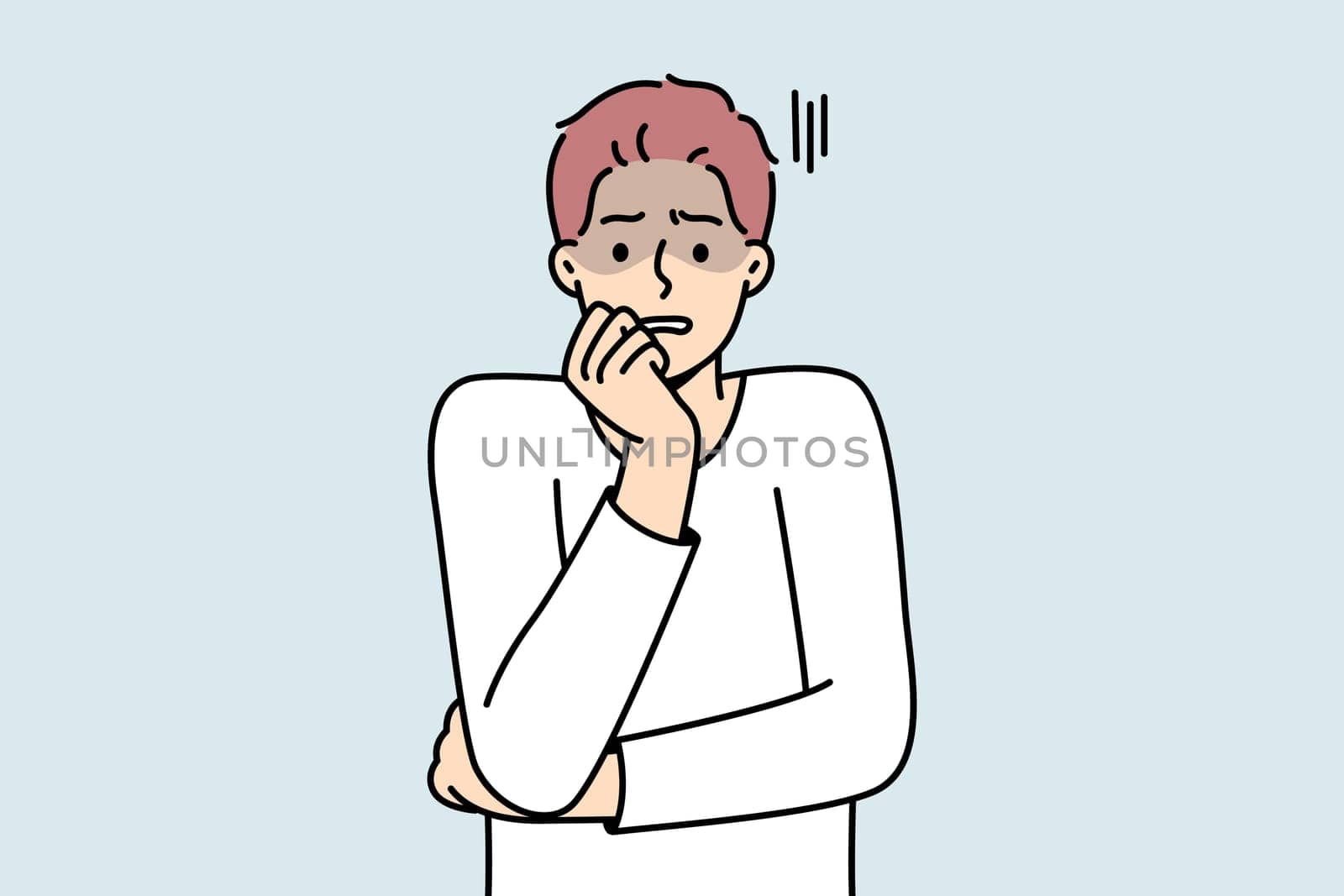 Anxious young man feeling terrified and worried. Unhappy guy feel afraid and astonished. Emotion control and mental problems. Vector illustration.