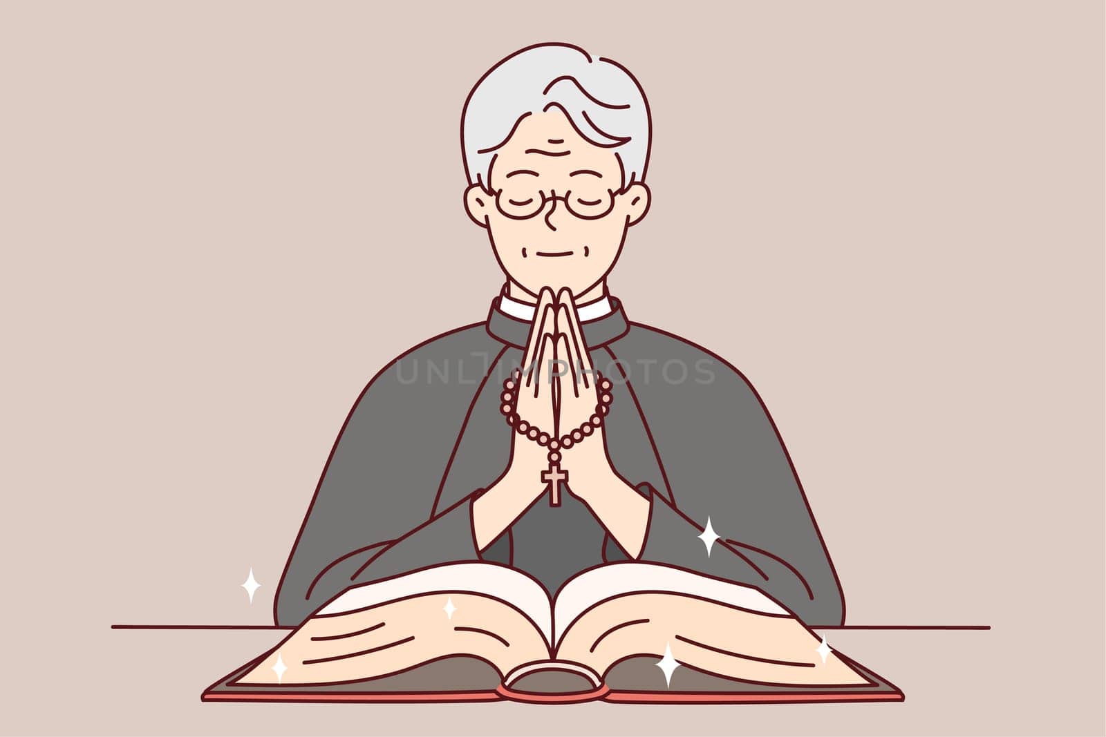 Calm priest in robe holding rosary praying with bible in church. Happy pastor pray to god in cathedral. Religion and faith. Vector illustration.