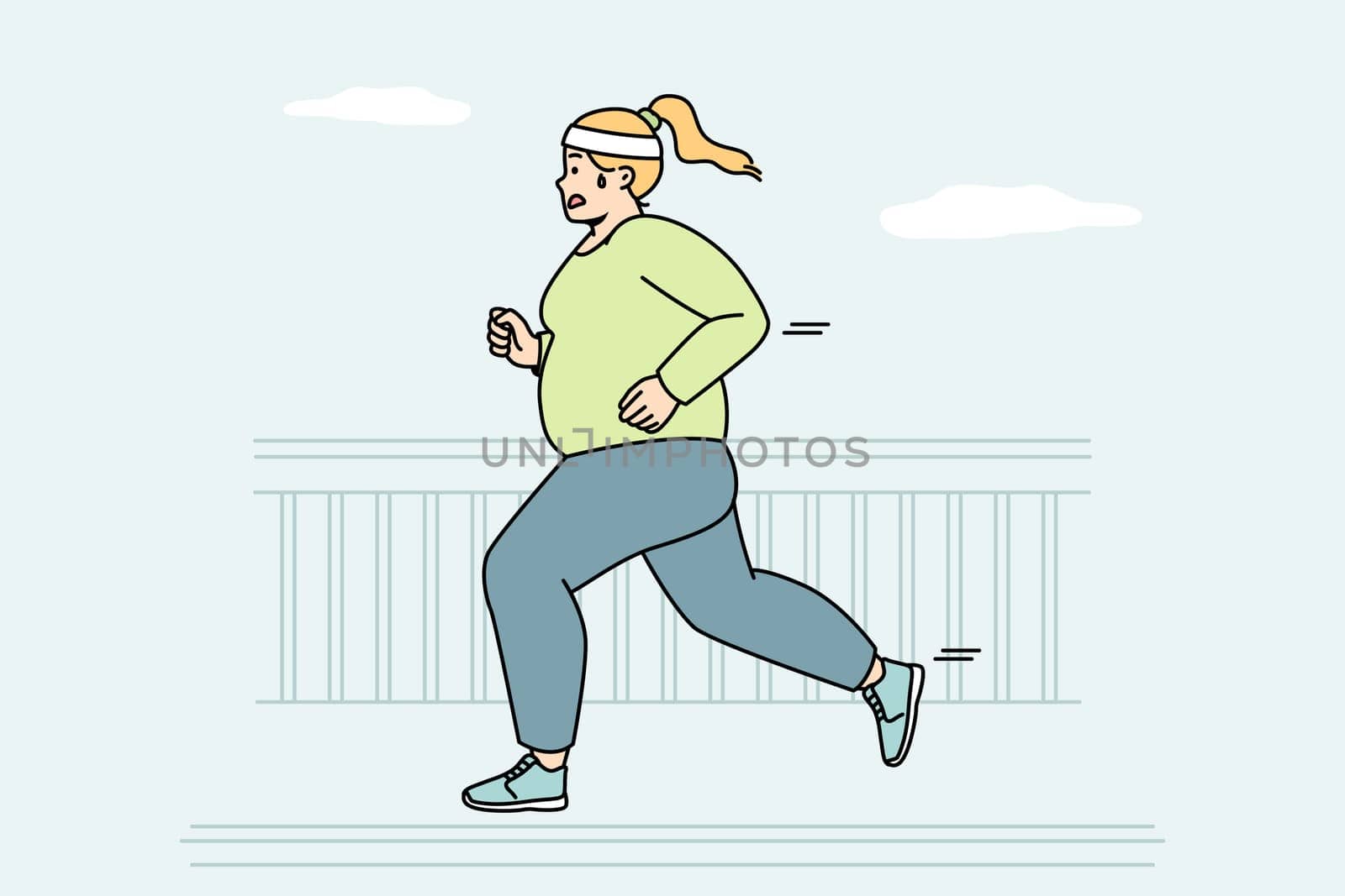 Chubby woman running at street to be fit. Fat girl makes cardio workout outdoor to burn calories. Plump lady jogging in city, taking part in marathon. Weight loss. Vector linear colored illustration.