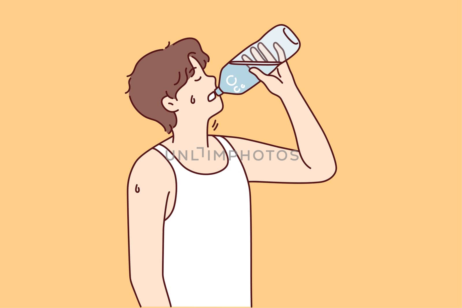 Thirsty young man suffer from heatstroke drinking water from bottle. Guy enjoy clean still liquid struggle with thirst or heat. Vector illustration.