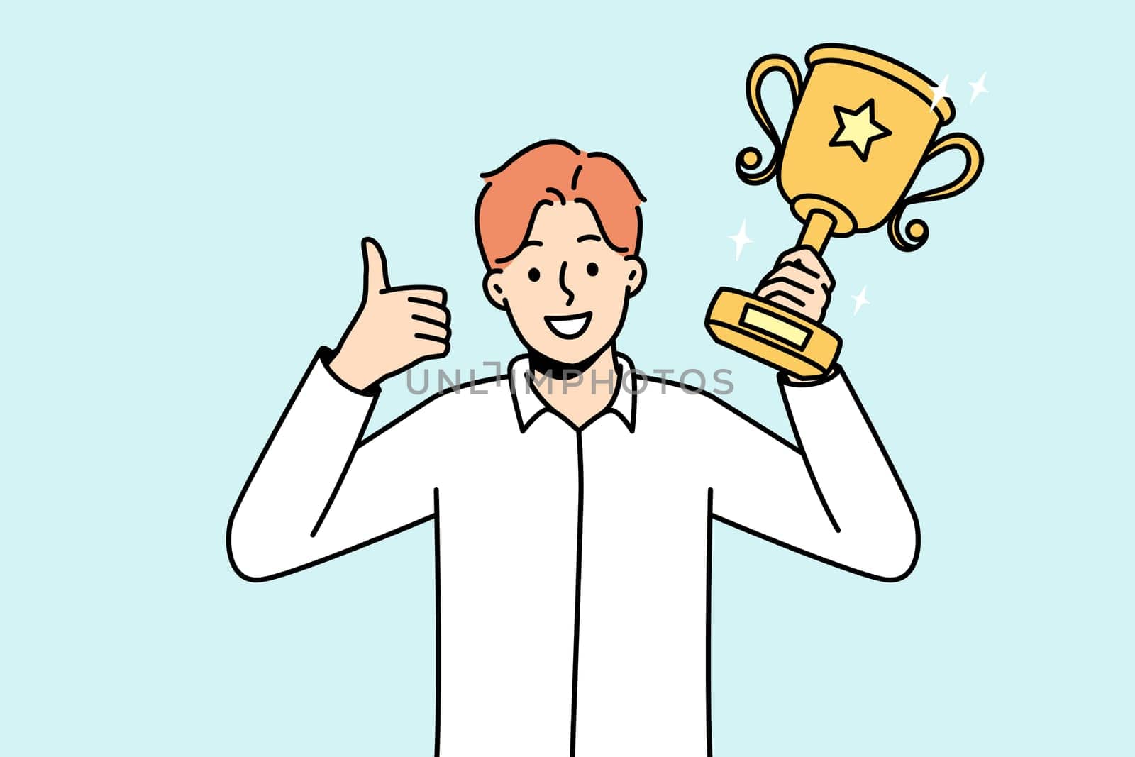 Overjoyed young man with gold prize in hands celebrate win. Smiling businessman with golden award or trophy show thumb up. Vector illustration.