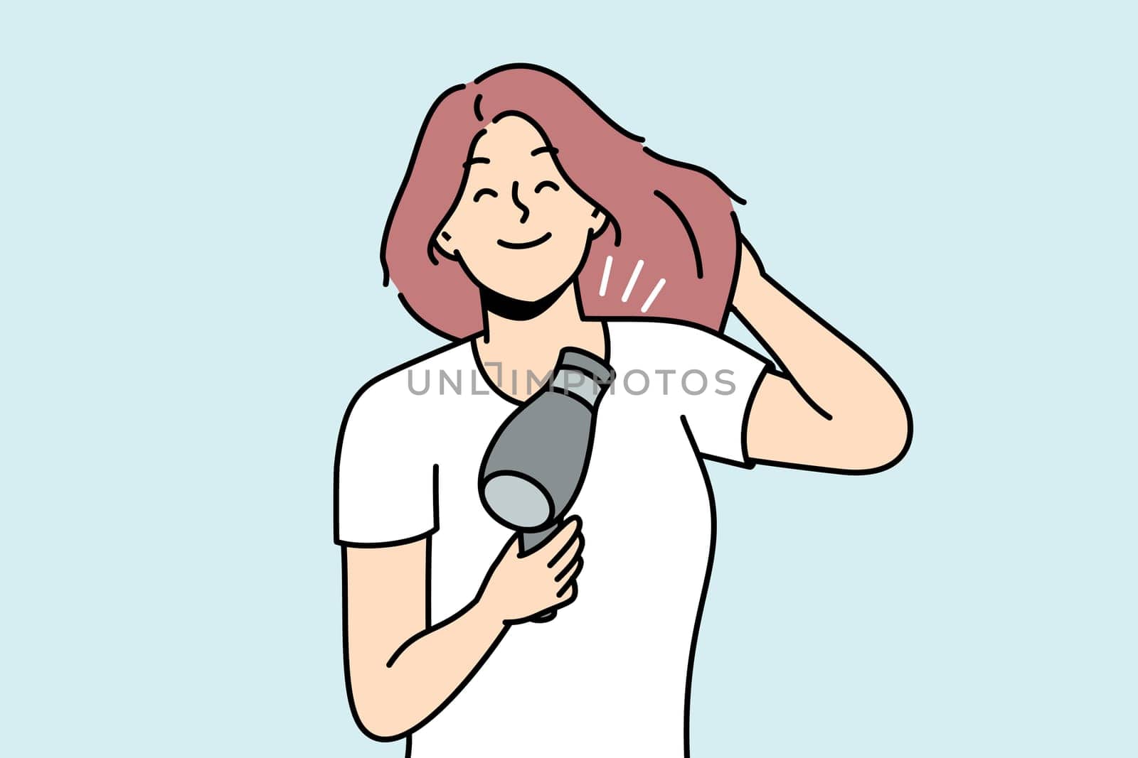 Smiling young woman blow hair with dryer. Happy girl get ready blowing hair with fan device. Beauty and technology. Vector illustration.