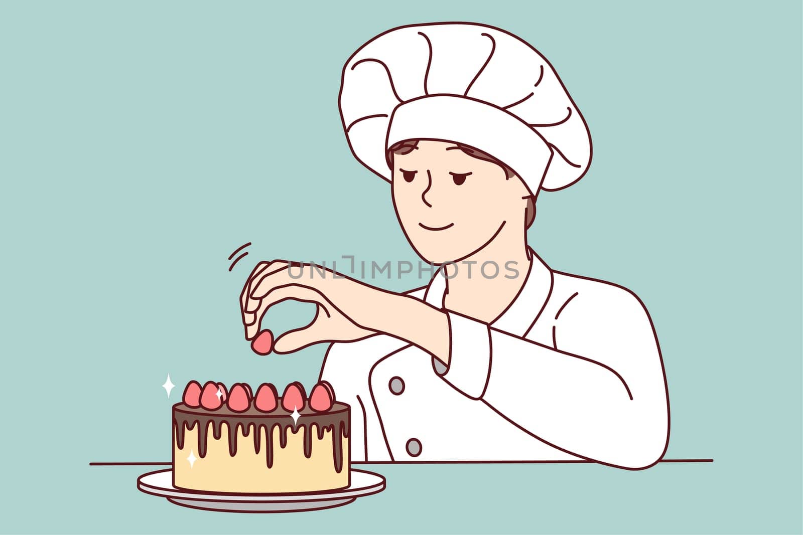 Smiling pastry chef decorating cake with fruits. Happy female baker finishing dessert with raspberries. Cuisine and bakery concept. Vector illustration.