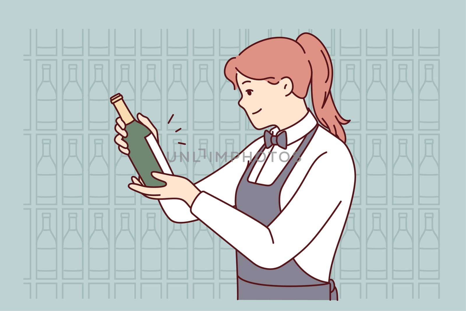 Smiling waitress in apron choosing wine in cellar. Happy female sommelier make choice about drink in restaurant. Vector illustration.