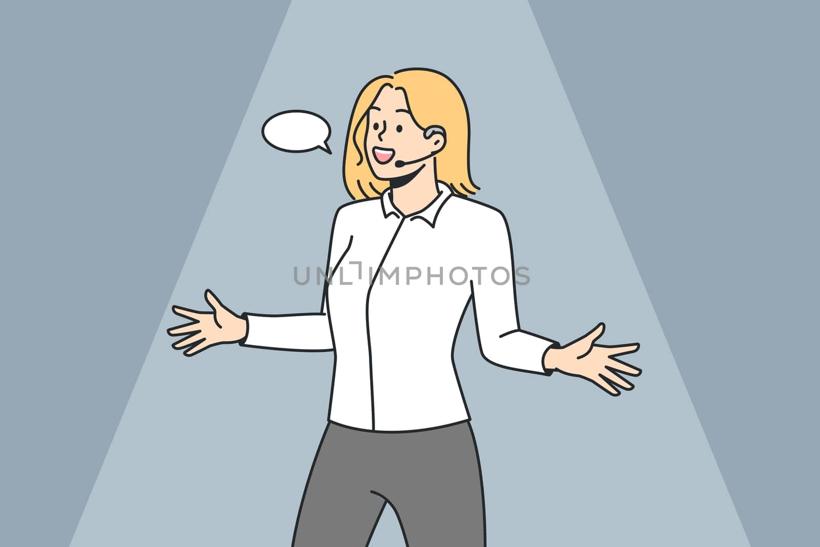 Stand-up comedian woman. Girl tells funny interesting story, shows something on stage. Lady performing in front of audience. Speech bubble. Speaker, actor. Vector linear colored illustration.