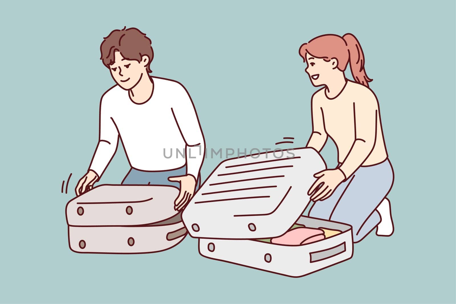 Happy couple packing suitcase getting ready for vacation. Smiling man and woman pack baggage excited about traveling. Tourism concept. Vector illustrations.