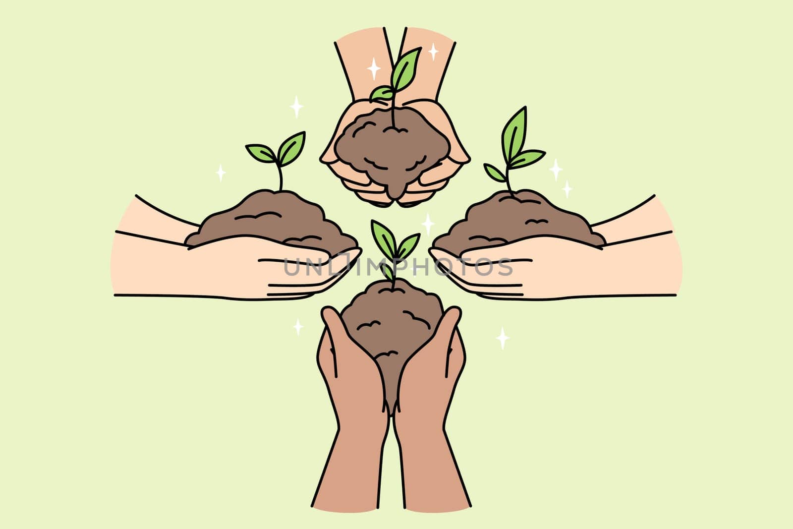 Faceless people hold plant sprouts in handfuls of ground in their palms. Green buisness, startup, teamwork, eco-friendly activities, gardening, planting of greenery. Minimalistic vector concept.