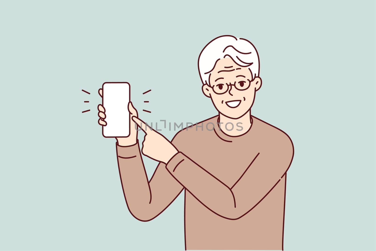 Smiling elderly man in glasses point at mockup cellphone screen. Happy mature grandfather show with finger on smartphone display. Vector illustration.
