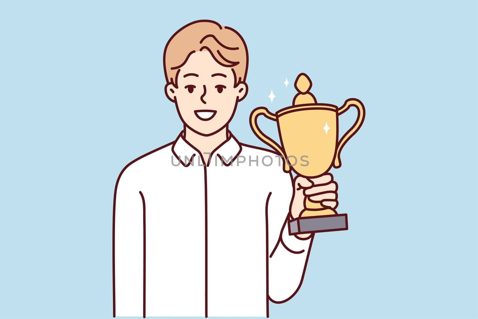 Smiling businessman holding gold trophy in hands celebrate win or victory. Happy man with golden prize win competition. Success and accomplishment. Vector illustration.
