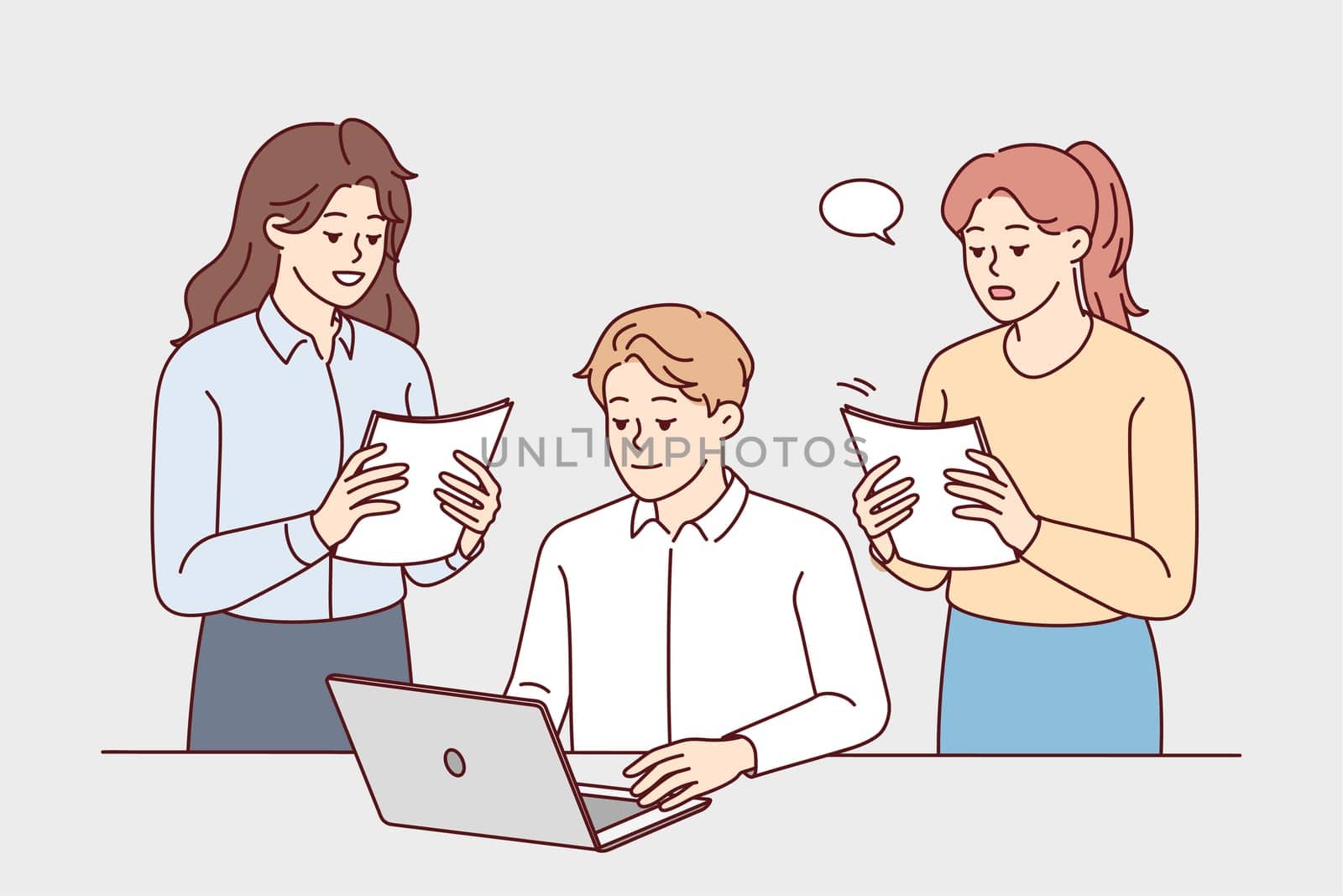 Female employee with paperwork stand near male boss or CEO in office. Businesspeople cooperate at table at workplace using computer. Teamwork. Vector illustration.