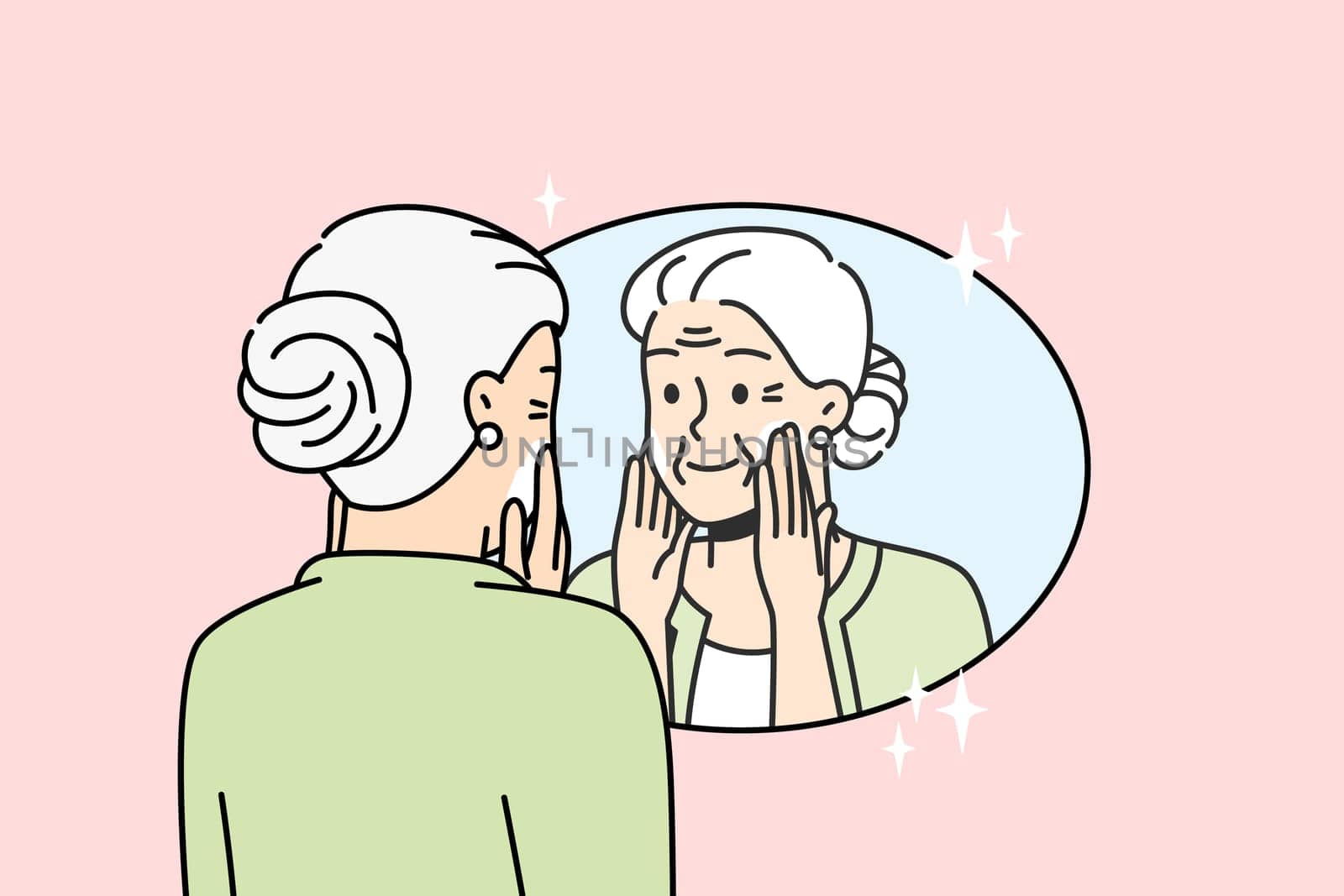 Elderly lady puts anti-aging cream on face in front of mirror. Old woman takes care of facial skin to remove wrinkles. Pensioner wants to stay young, doing beauty routine. Vector linear illustration.