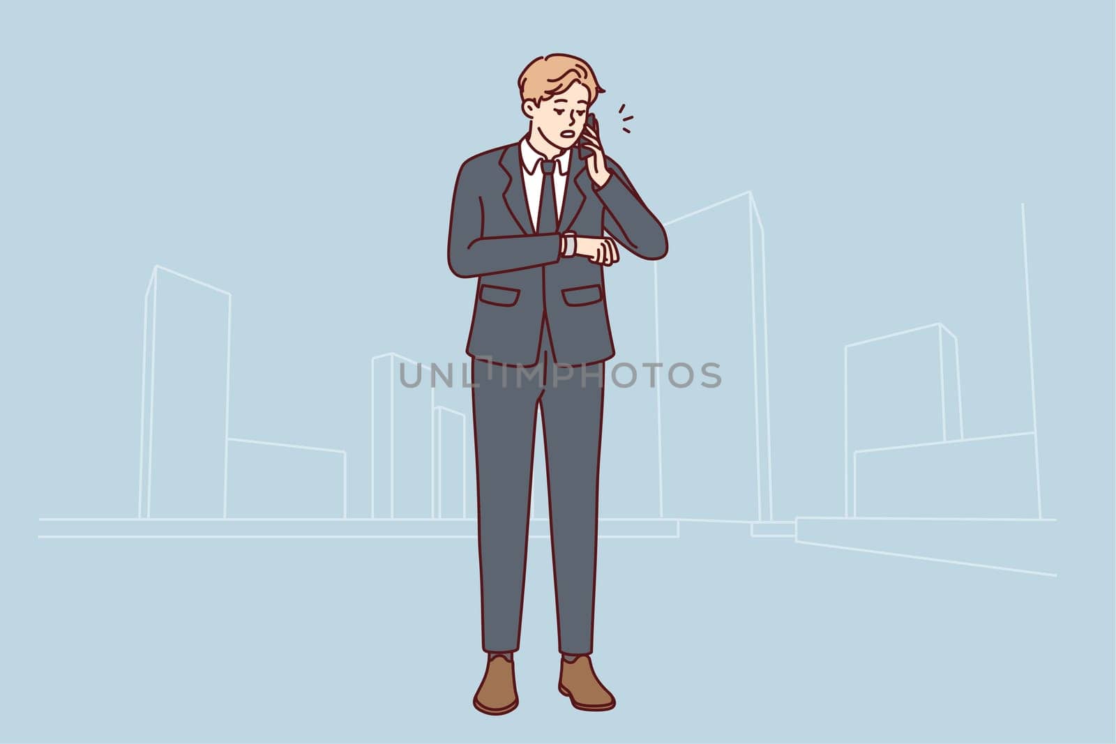 Busy young businessman talk on cellphone check time on wristwatch. Male employee or boss have mobile call with client or partner. Vector illustration.