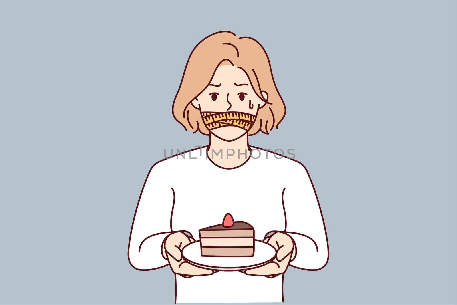 Unhappy woman with mouth closed refuse from chocolate cake. Stressed girl follow diet cover mouth from dessert. Vector illustration.