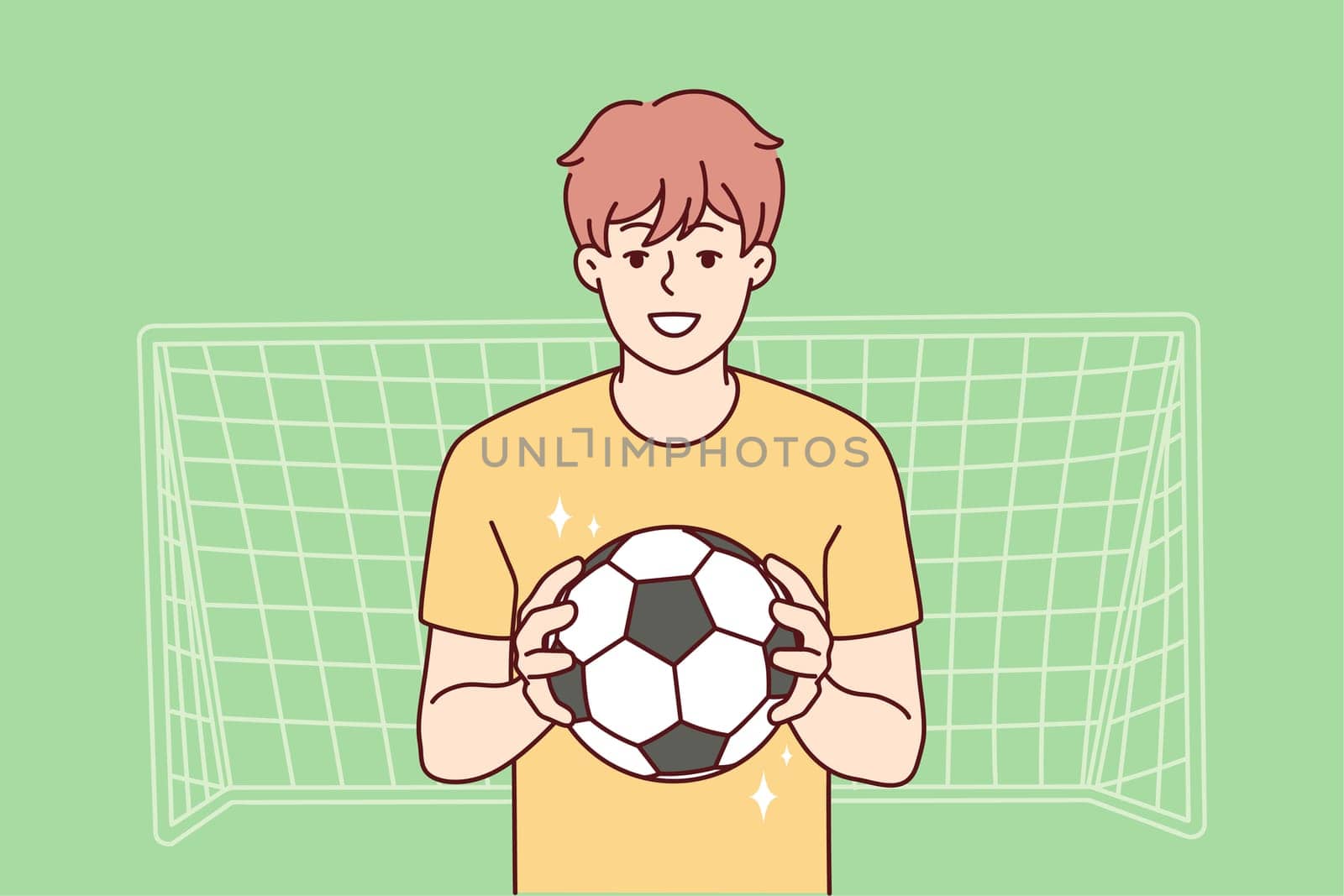 Smiling guy with ball stand near gates playing football. Happy male athlete or sportsman enjoy soccer game outdoors. Goalkeeper near net. Vector illustration.