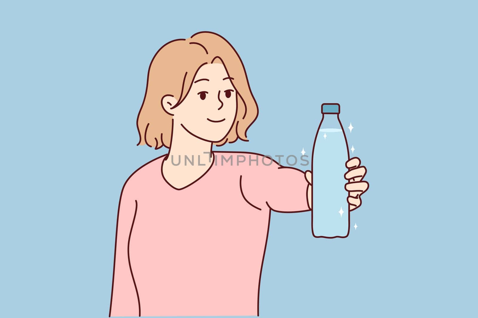 Smiling young woman hold bottle of water recommend drinking clear clean aqua. Happy female make recommendation for healthy lifestyle. Vector illustration.