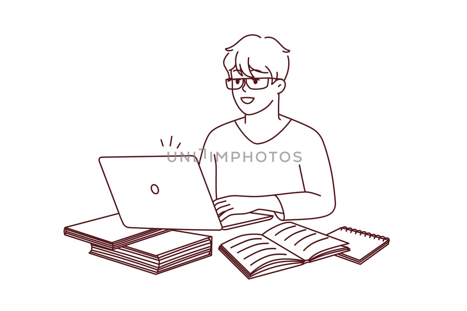 Smart young man sit on table work on laptop with textbooks. Smiling male busy study on computer at home office. Technology and education. Vector illustration.