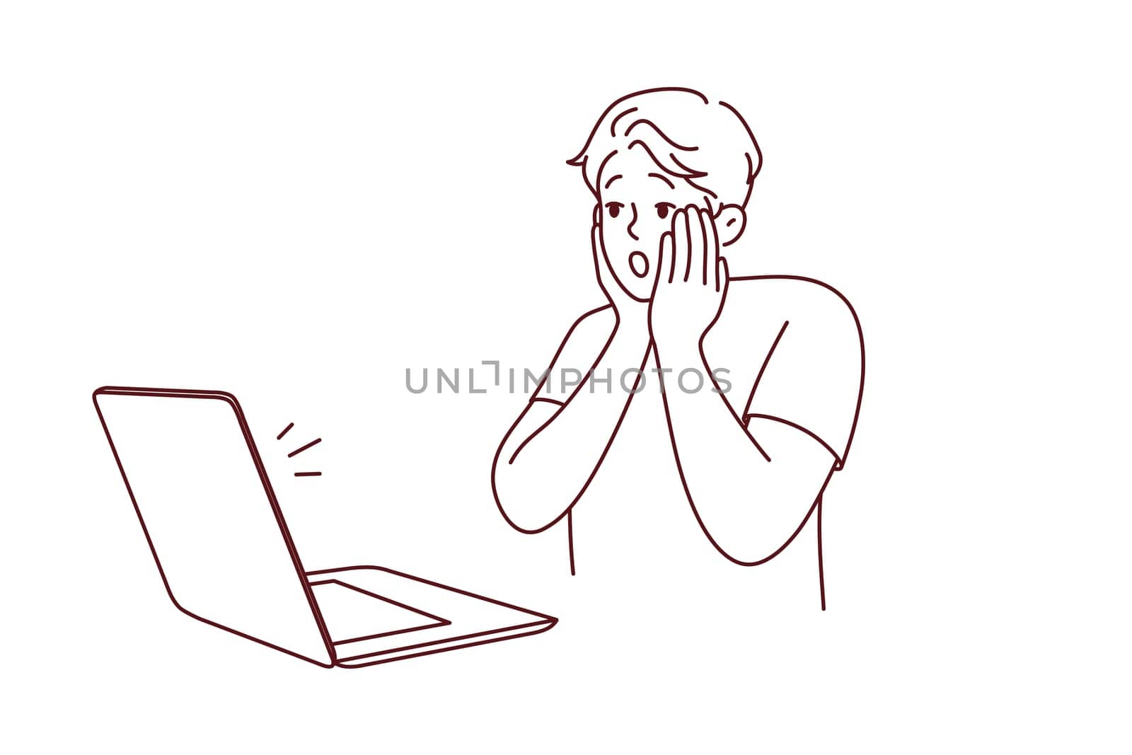 Stunned young man look at laptop screen shocked by unexpected news online. Amazed male surprised by message or text on computer. Vector illustration.