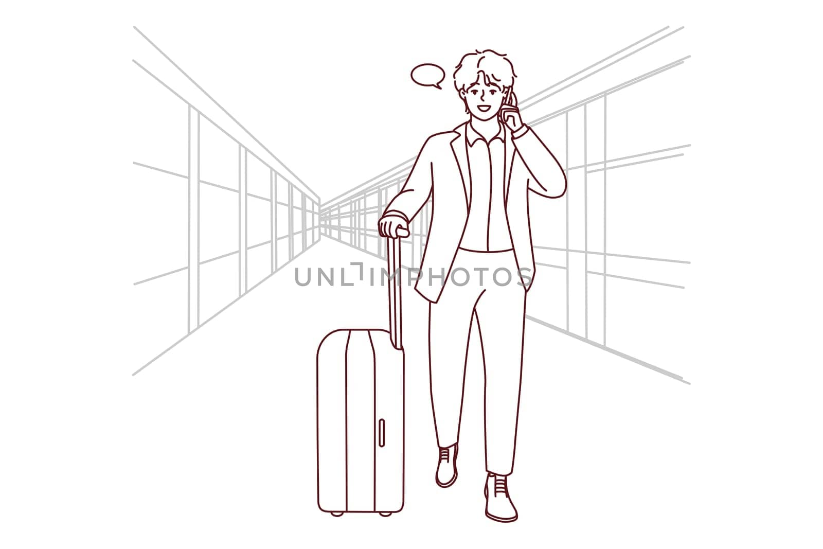 Young businessman with suitcase walking in airport talking on cellphone. Confident male boss in suit have smartphone call ready for business trip. Vector illustration.