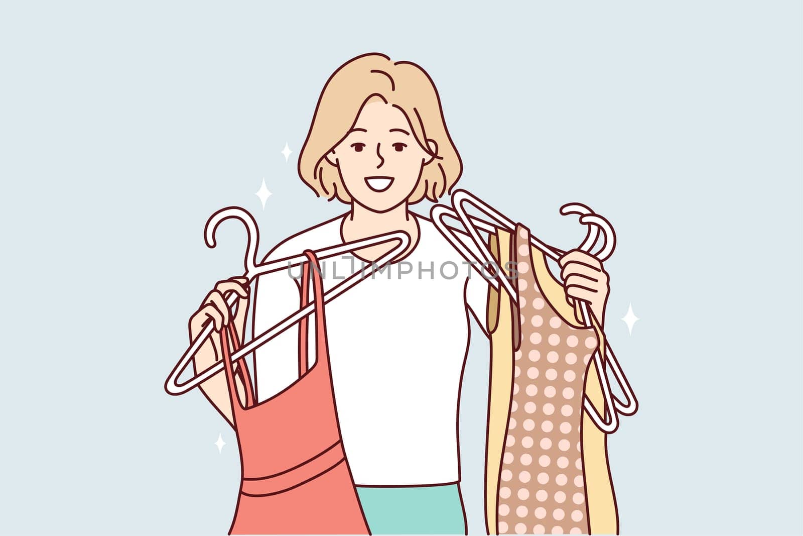 Happy young woman with dresses on hangers shopping in mall. Smiling girl buying fashion clothes in store. Style and consumerism. Vector illustration.